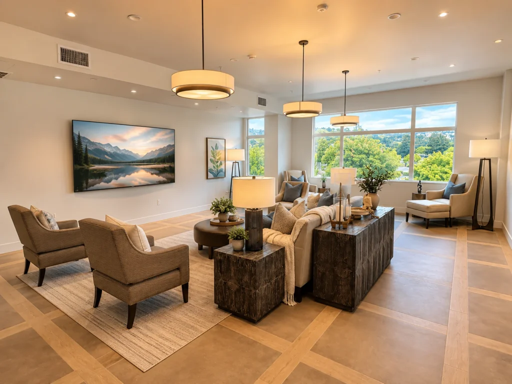 Modern living room with armchairs, sofa, coffee table, large wall-mounted TV, lamps, paintings, and plants, featuring large windows overlooking greenery.